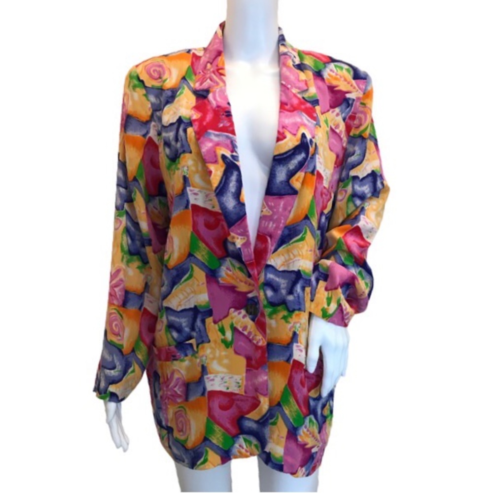 Retro Vintage 90s Print Geo Washable Silk Blazer Women’s M